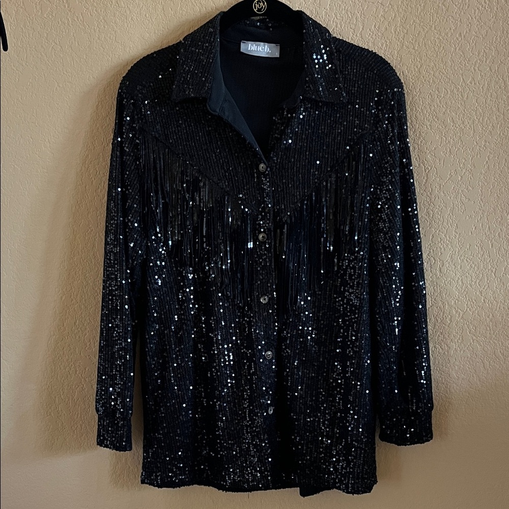 Black Sequin Button Down Black Western Fringe Shirt Size S